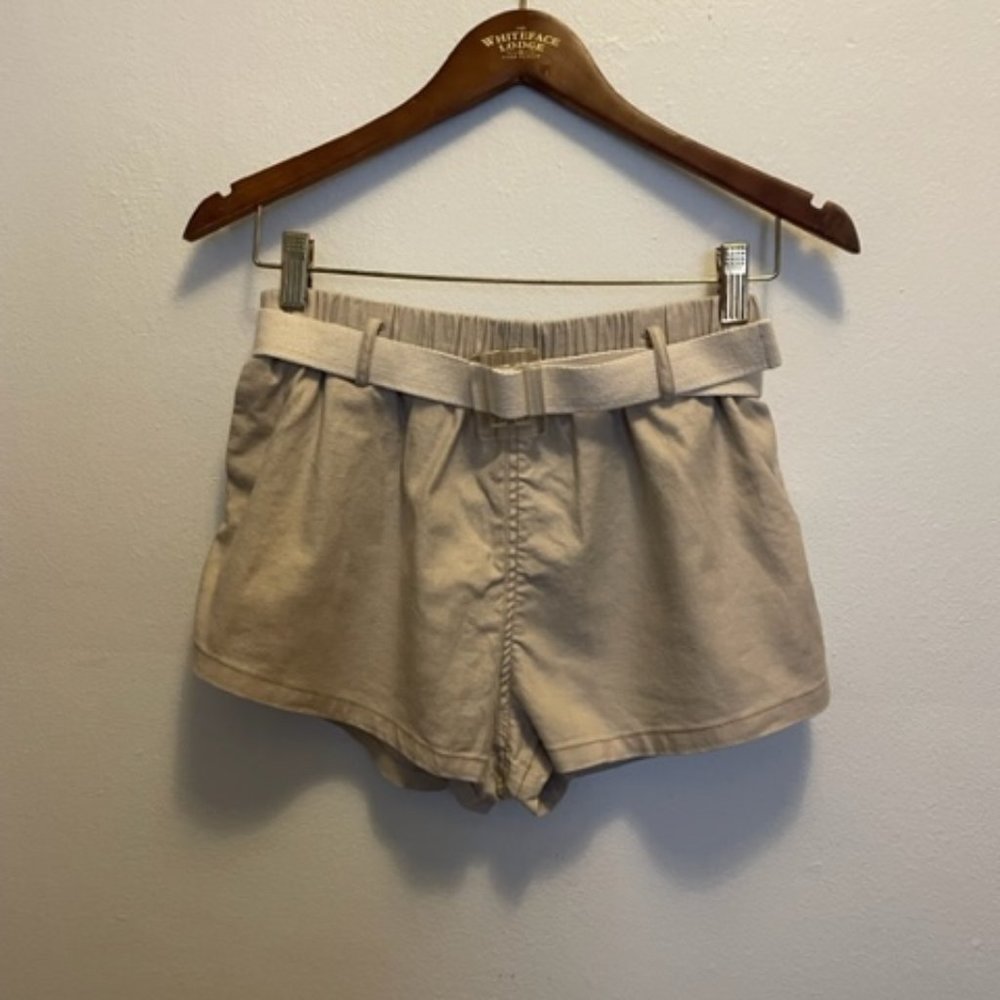 L'Academie linen blend beige mini shorts with gathered waist & belt